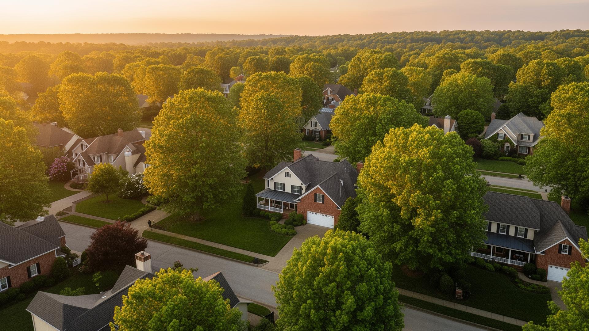 Aerial view of a Middle Tennessee neighborhood at golden hour